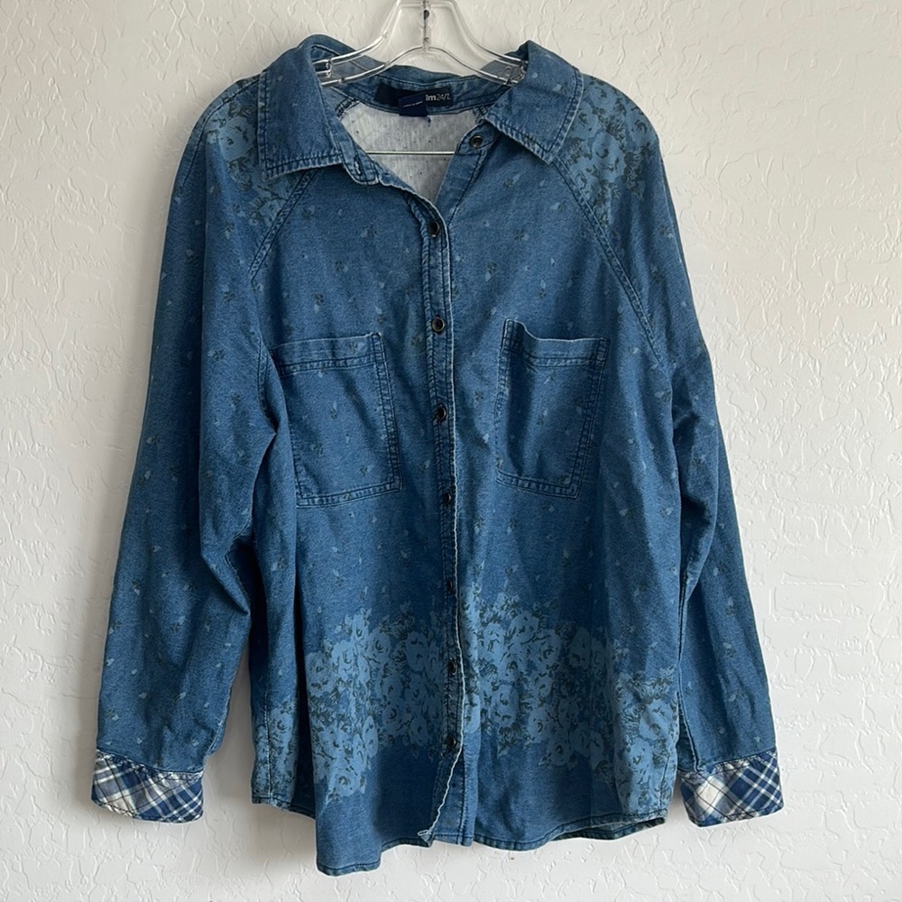 Denim women's plus 24W stone wash long sleeve blue western cotton granny floral